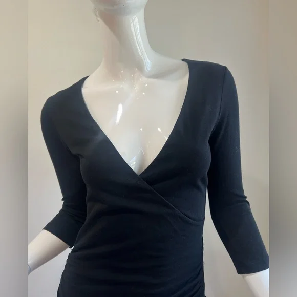 James Perse Stretchy Surplice Ruched Little Black Dress WJE6612 - Picture 7 of 9